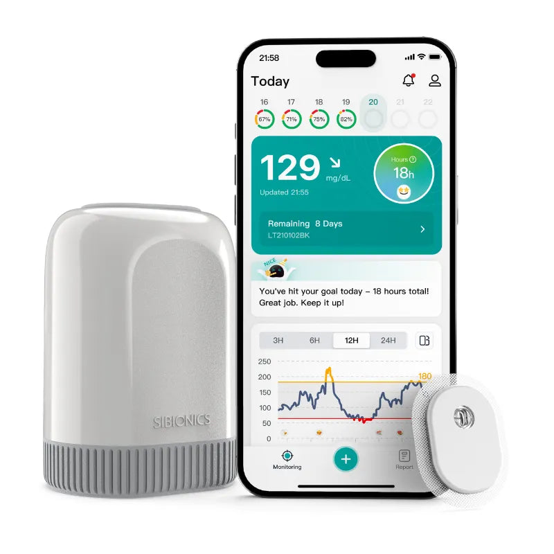 Sibionics blood glucose monitor with smartphone app showing readings (129 mg/dL), battery status, and trend graph. Includes device and sensor.