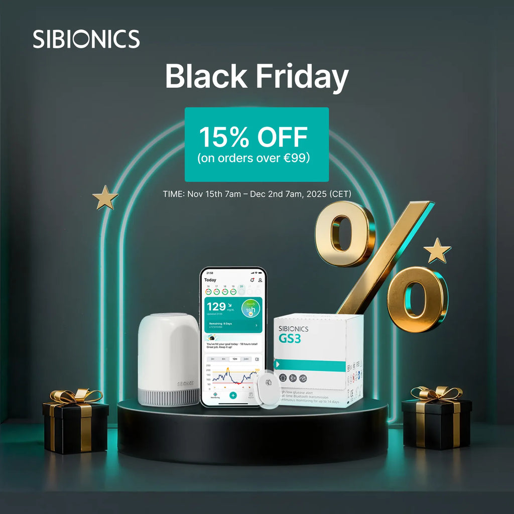 Sibionics Black Friday sale: 15% off GS3 continuous glucose monitor for orders over €99. Smartphone app display, gift boxes, neon arch.