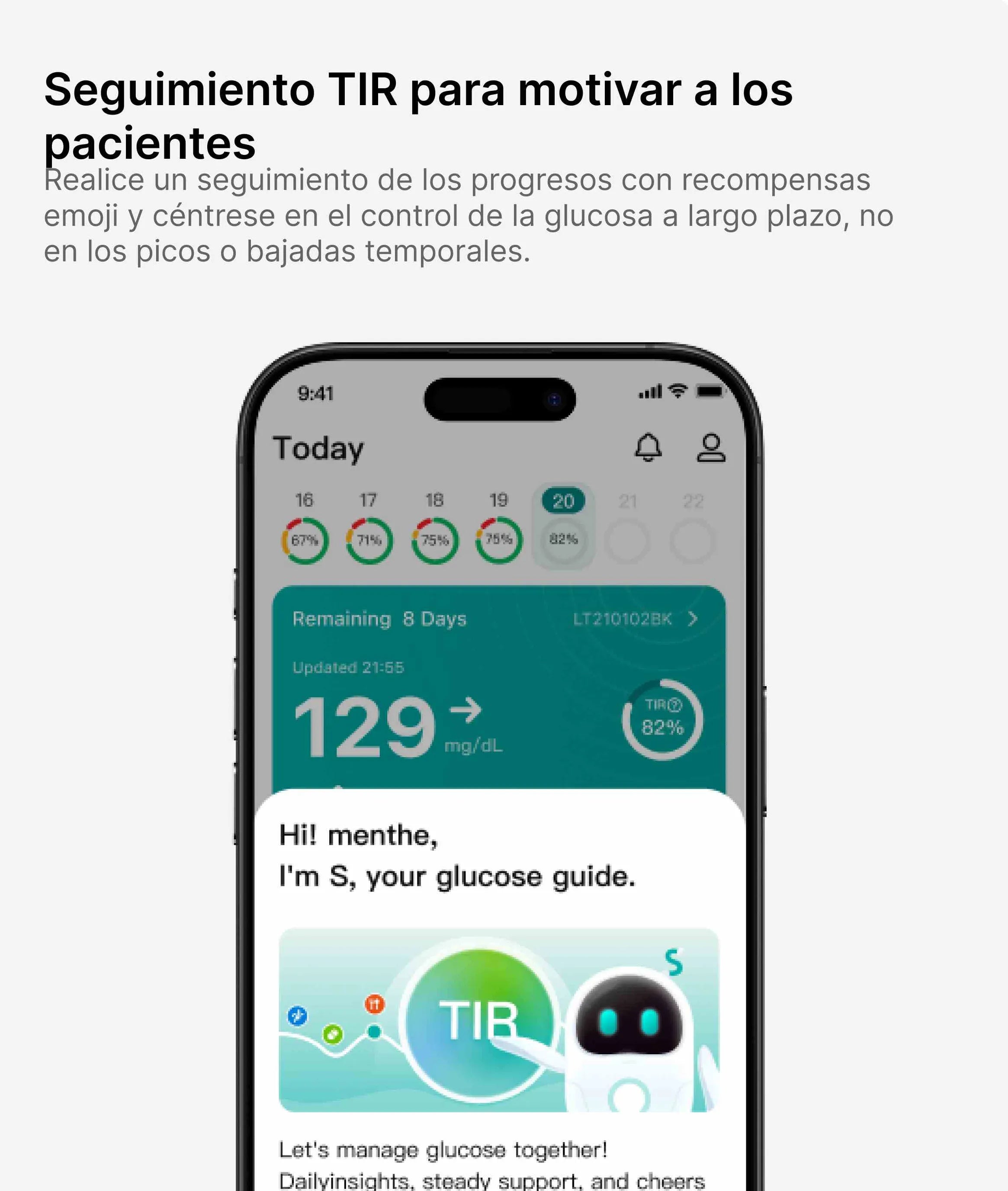 A smartphone screen shows glucose tracking with TIR percentages. The app, from Sibionics, encourages long - term glucose control.
