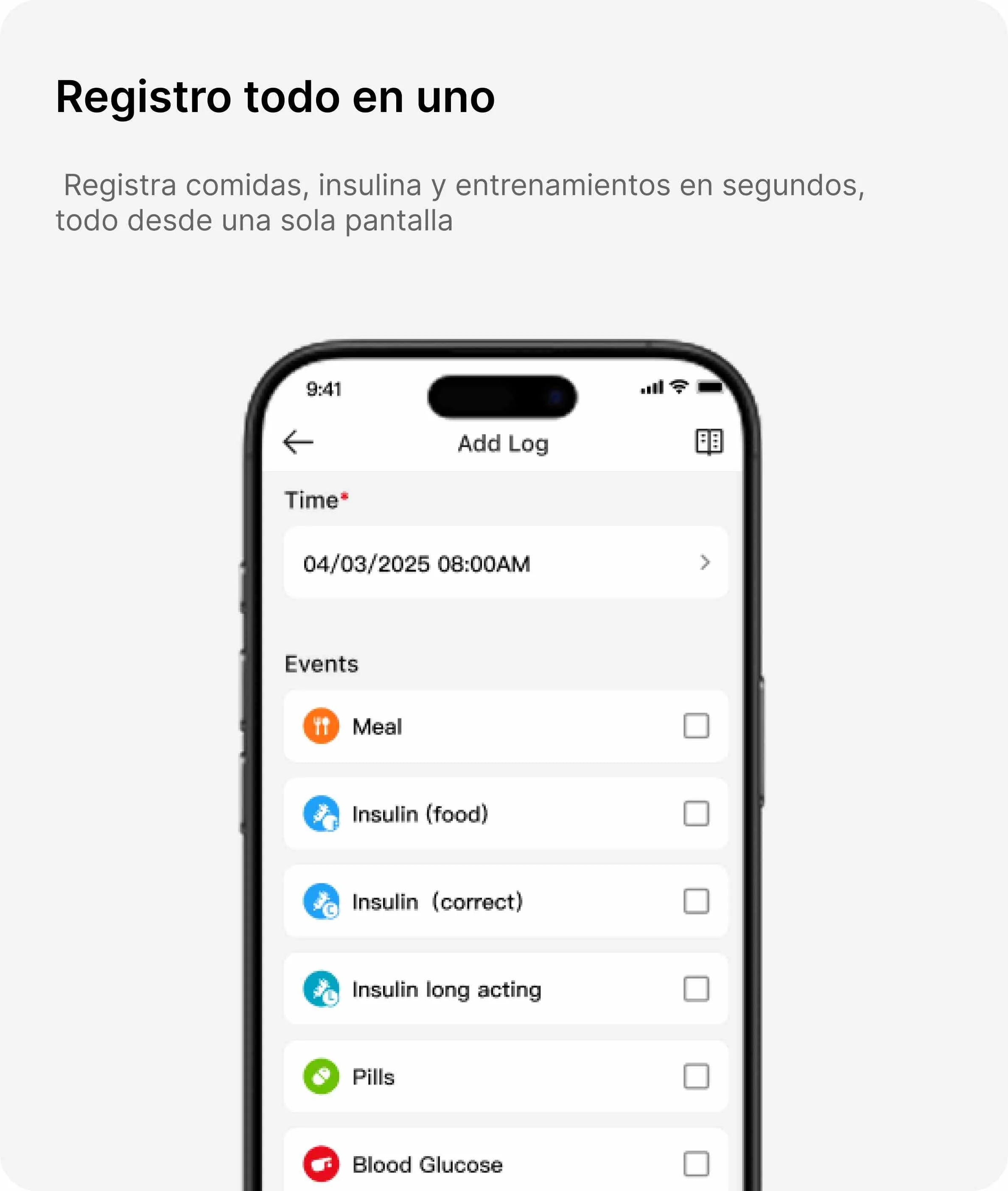 A smartphone screen shows a health log app for Sibionics blood glucose monitors. Log meals, insulin, etc. in seconds.